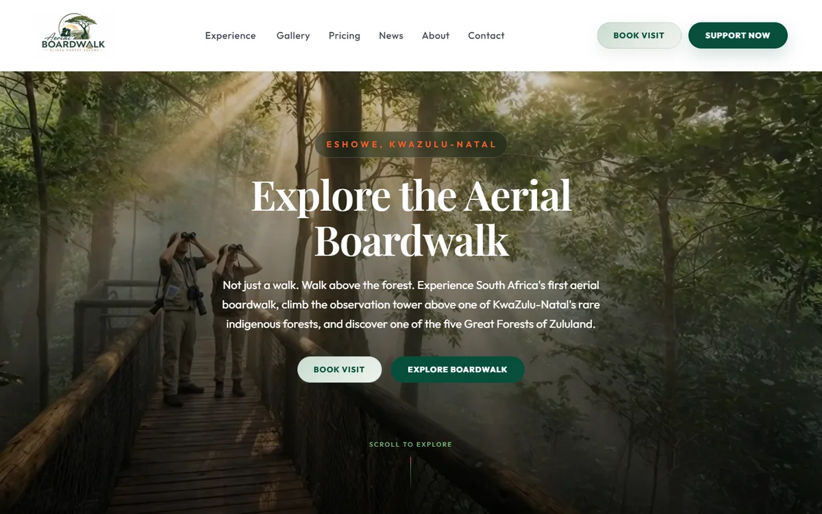 The Eshowe Boardwalk website showing the forest, visitor information and a booking link.