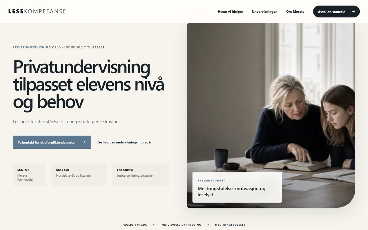 The new Lesekompetanse website presenting private tutoring and ways to get in touch.