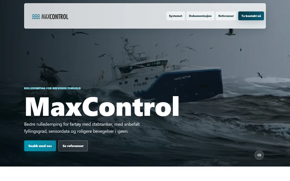 The MaxControl website presenting marine technology and vessels.