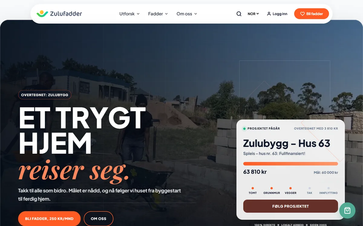 Zulufadders forside med husprosjektet Zulubygg og mulighet for fadderskap.
